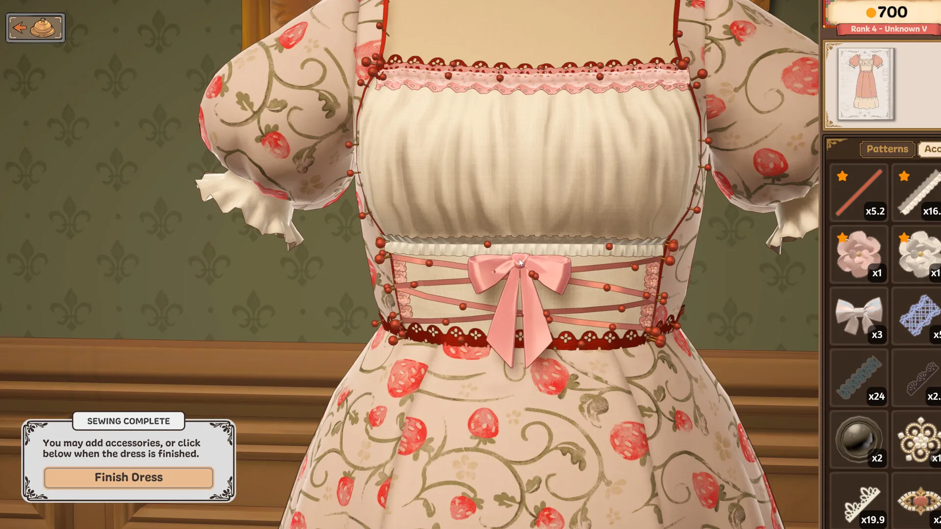 A finished bodice with a Sewing Complete box and its Finish Dress button, accessory icons down the right-hand side.