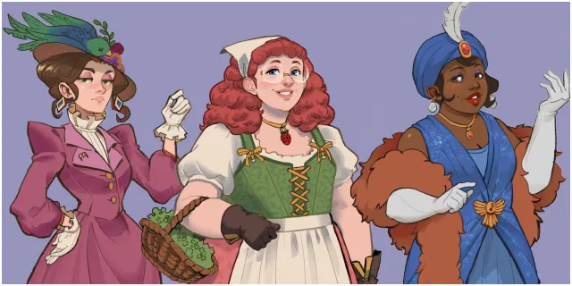 Character art of three women: one in a magenta coat and feathered hat, one with red curls and a basket of greens, one in a blue turban and fur stole.