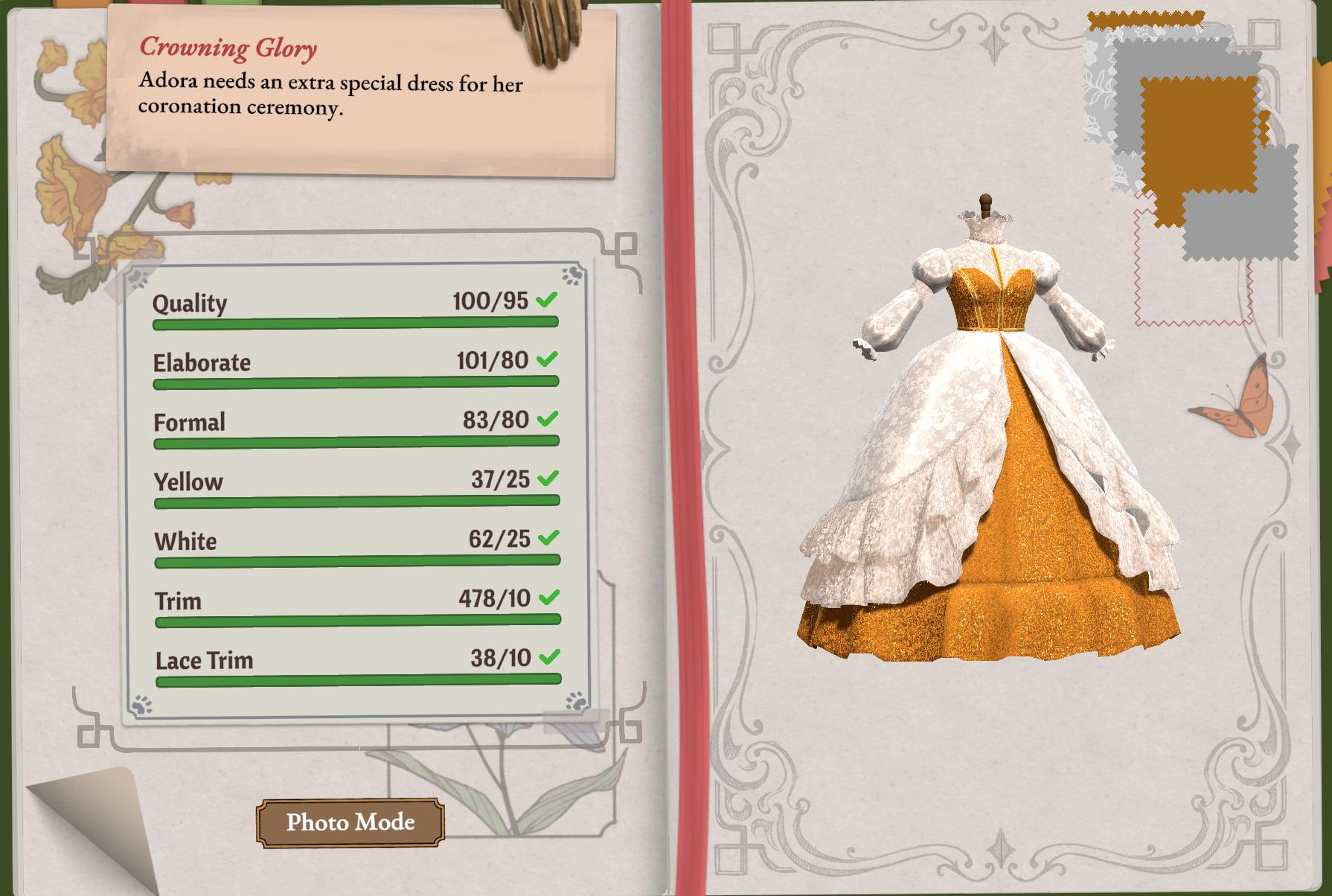 Adora's yellow and white coronation dress with all seven Crowning Glory requirement ticks