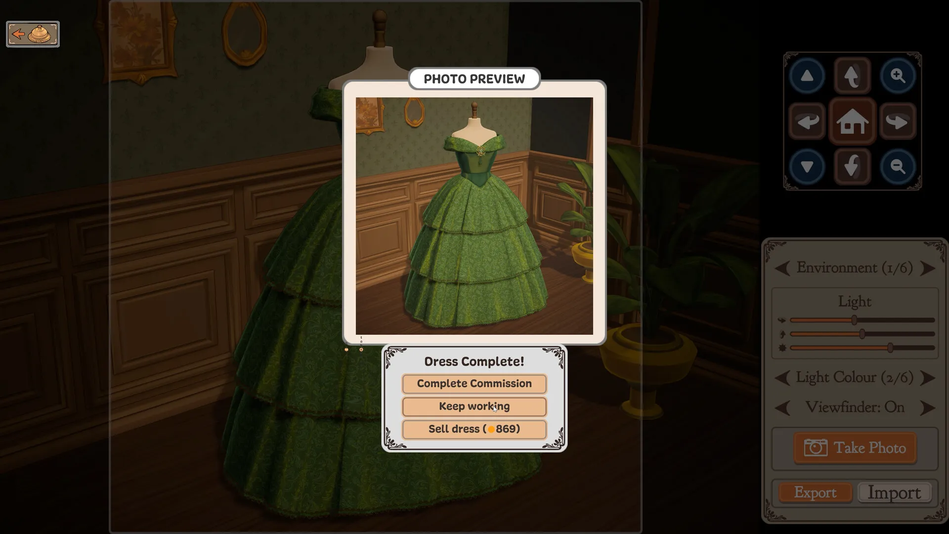 A finished green gown on a mannequin with a Dress Complete! box offering Complete Commission, Keep working and Sell dress.