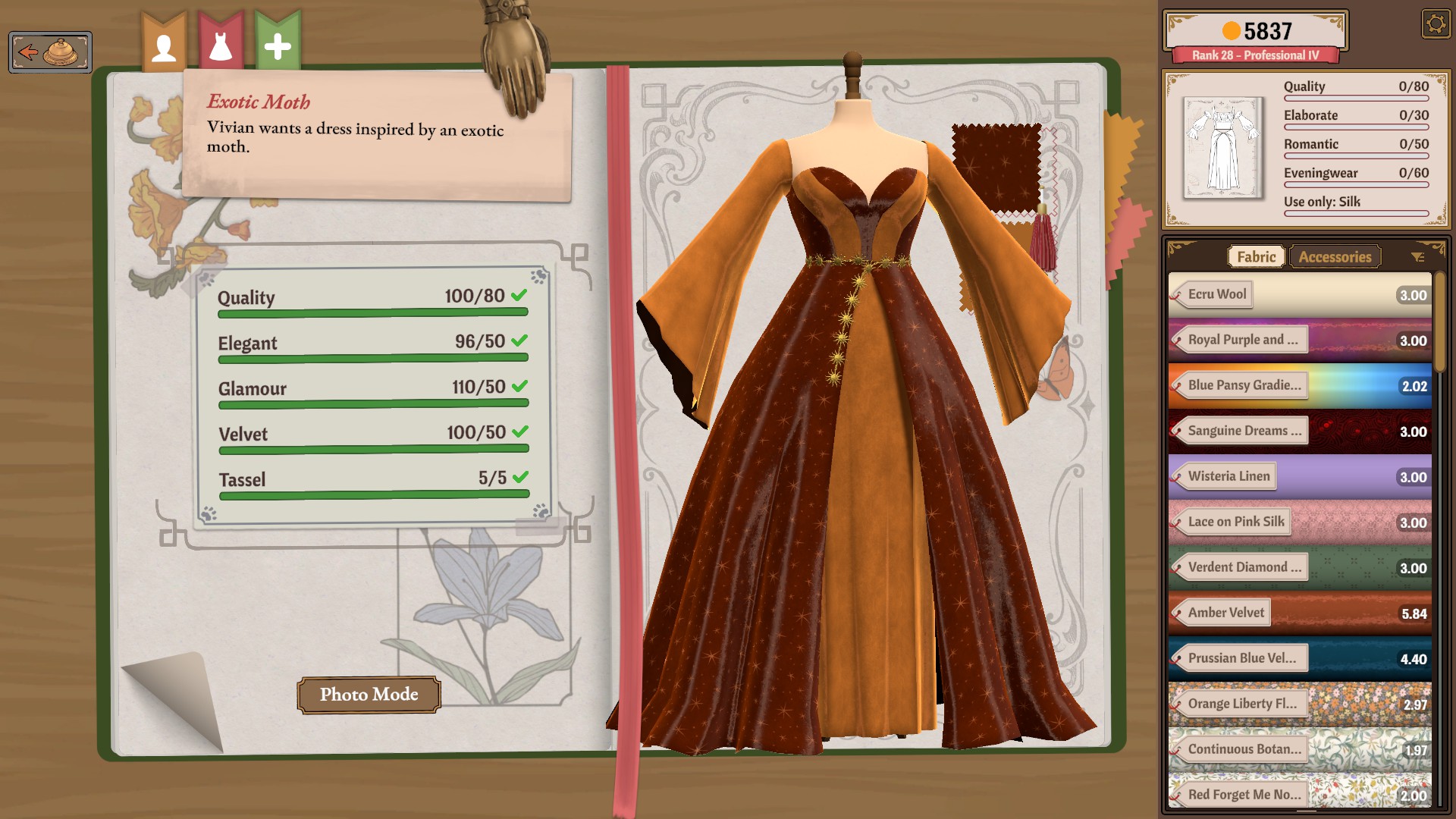Orange and dark patterned gown with wide sleeves and the five completed requirements on the left