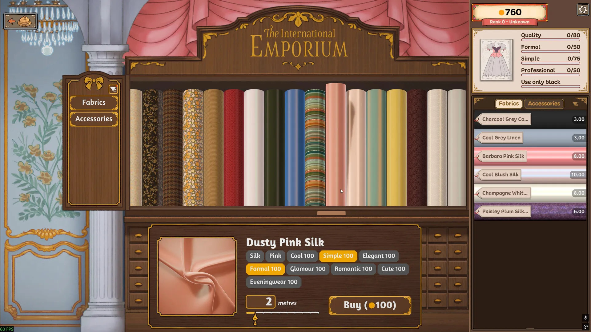 The International Emporium fabric shop: bolts of fabric on a shelf, Dusty Pink Silk selected with its tags and a 2 metre counter beside a Buy (100) button.