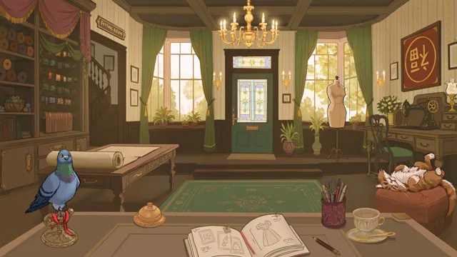 The shop floor from behind the front desk: a pigeon on a brass perch, a bell and an open sketchbook on the desk, a cat asleep on a cushion, a mannequin by the green front door.
