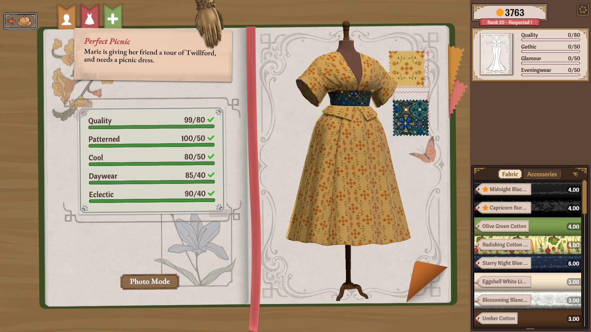 Yellow patterned picnic dress with a dark waist detail and five completed Perfect Picnic requirements on the left