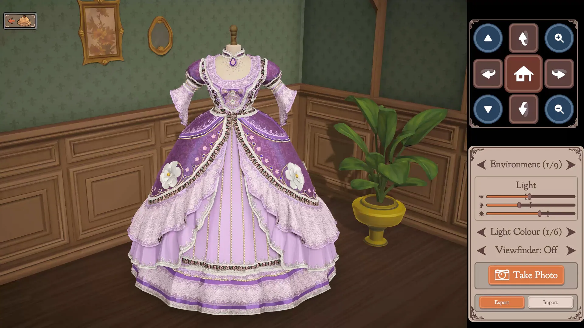 A lavender ball gown with lace tiers and white flowers on a mannequin in photo mode, with camera arrows, Environment, Light and Take Photo controls at the side.
