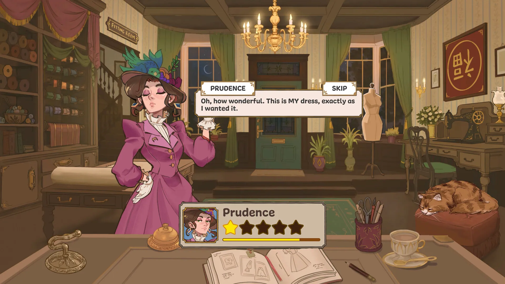 A client in a feathered hat and magenta coat at the shop counter, her name and a row of five friendship stars beneath her.