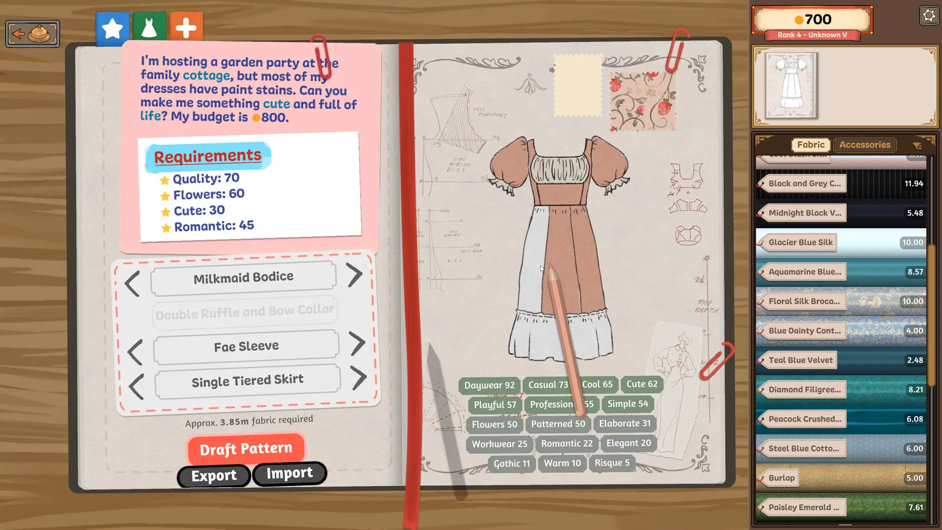 The Dressmaker sketchbook: a request card on the left with a Requirements list, a dress sketch and tag scores on the right, fabrics down the side.