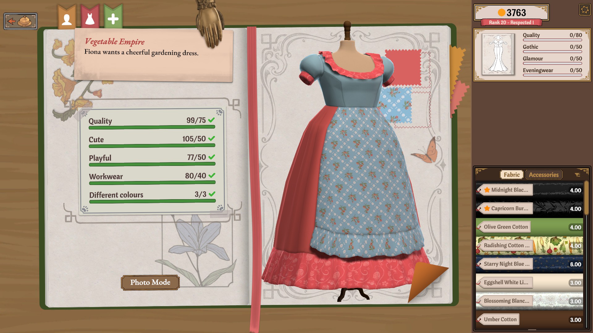 Gardening dress with a dark teal bodice, pink trim and floral blue apron, with all requirements ticked on the left